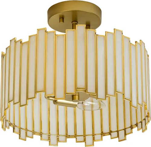 Vista 12 de Lámpara de techo de latón antiguo en forma de tambor, lámpara Tiffany semiempotrada de 12.5 pulgadas con vidrio verde Mable, iluminación colgante
