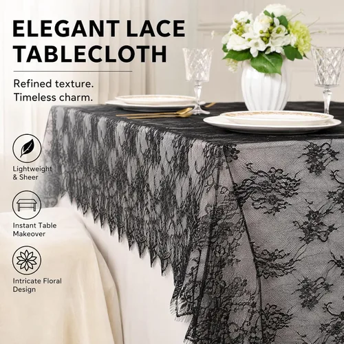 Vista 3 de DUOBAO Mantel de encaje bordado negro de 60 x 120 pulgadas, mantel rectangular resistente a las arrugas, para bodas, fiestas al aire libre y Negrura