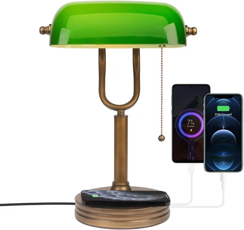 Vista 4 de Lámpara de Banco de Vidrio Verde, Lámpara de Escritorio Retro con Puerto de Carga Inalámbrica USB, Lámpara de Mesa con Cadena Clásica, para Mesita