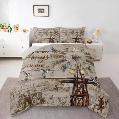Vista 25 de Erosebridal Juego de edredón rústico de colibrí, juego de ropa de cama de molino de viento rústico para niños, adolescentes y adultos, relleno