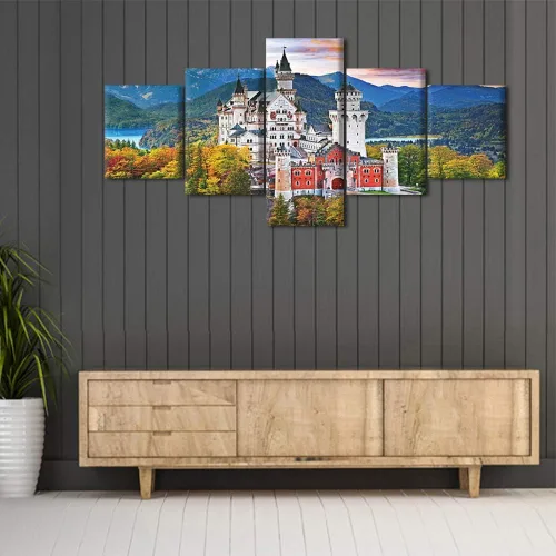 Vista 2 de TUMOVO 5 piezas de arte en lienzo para pared, hermoso castillo de piedra de cisne con paisajes naturales de selva al atardecer, paisajes naturales