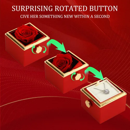 Vista 3 de Rotate Preserved Red Rose Box Regalos con collar plateado Forever Flower Rose Navidad, cumpleaños, Día de San Valentín, regalos para mujer, mamá