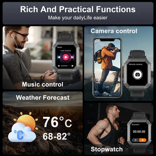 Vista 5 de Reloj inteligente para hombre, rastreador de ejercicio: relojes digitales militares para hombre, Bluetooth, responder llamadas, correr, impermeable