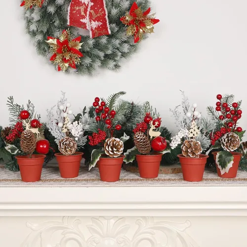 Vista 7 de winemana Mini decoraciones de mesa de árbol de Navidad, 6 piezas de árbol artificial pequeño con piñas y bayas rojas, centro de mesa navideño