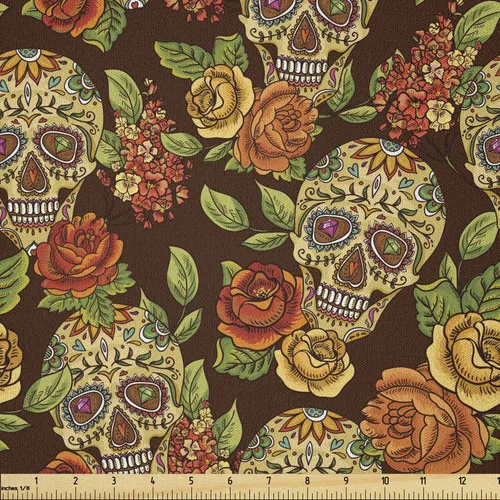 Vista 45 de Ambesonne The Yard, tela de calavera colorida con temática de Halloween, diseño de calavera y huesos cruzados, divertido estampado de dibujos