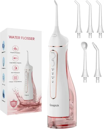 Vista 7 de Irrigador de agua portátil inalámbrico con tanque de 10.1 fl oz: irrigador oral recargable con 5 puntas para viajes, cuidado de frenillos y encías