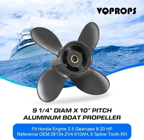 Vista 2 de La actualización del OEM 4 cuchillas 9 1/4x10 aluminio barco hélice cabida Honda Motores 8-20 HP 8 Spline dientes partes No.58134-ZV4-010AH, RH