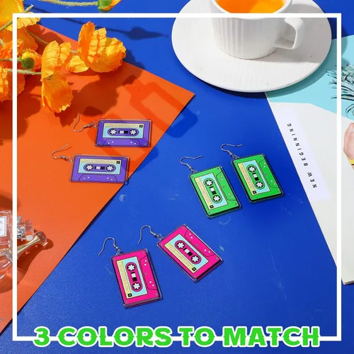 Vista 3 de Hicarer 3 pares de aretes de cinta de casete de los años 80 y 90 de neón para mujer, accesorios de joyería de los años 80 y 90, colgante retro