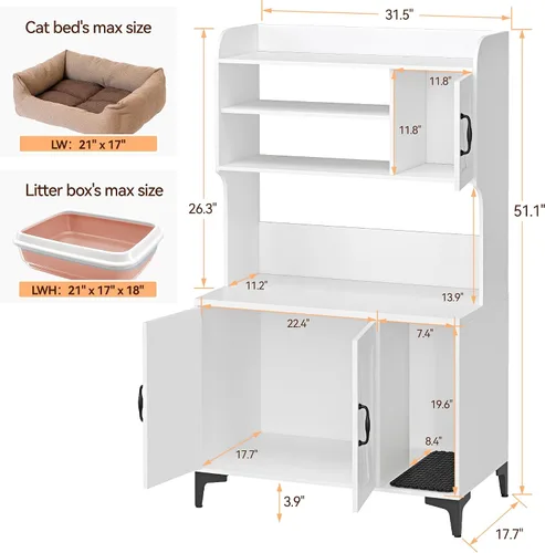 Vista 5 de Caja oculta para gatos con almacenamiento de estantes, muebles de madera resistente para baño, color blanco
