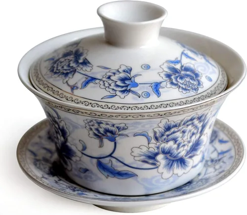 Vista 16 de Liang baobao Juego de Té Tradicional Gaiwan con Tapa y Platillo Taza de Té Gongfu de Porcelana Diseño Azul de Loto Tazas de 200ml