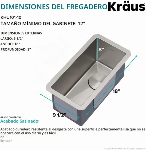 Vista 4 de Kraus Standart PRO - Fregadero de cocina de montaje inferior con tazón individual para bar de acero inoxidable, calibre 16, 10 pulgadas, KHU101-10
