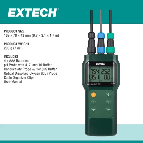 Vista 7 de Extech Medidor de calidad de agua EC700 6 en 1 con 3 sondas pH, conductivity, TDS, salinity, DO, temp, optical DO probe, IP67, stores 99, ATC