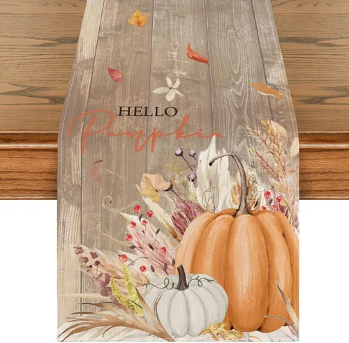 Vista 9 de Artoid Mode Aqua Hello - Camino de mesa de otoño con hojas de calabaza, decoración de mesa de comedor de cocina de otoño de temporada