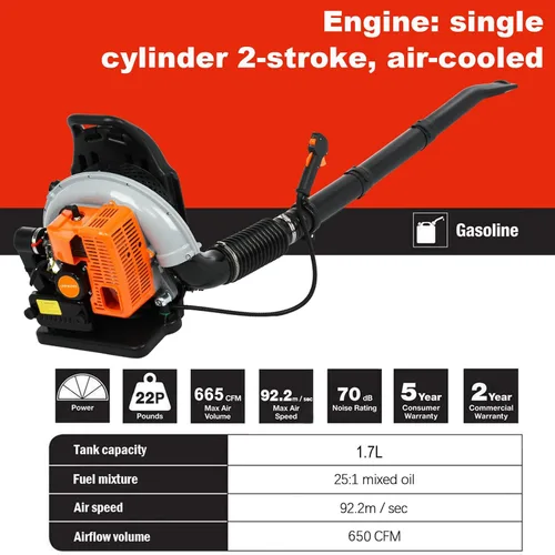 Vista 9 de Soplador de hojas de mochila, 63CC 665 CFM 3HP Motor de 2 tiempos soplador de hojas de gas, soplador de hojas de gas de alta resistencia, soplador