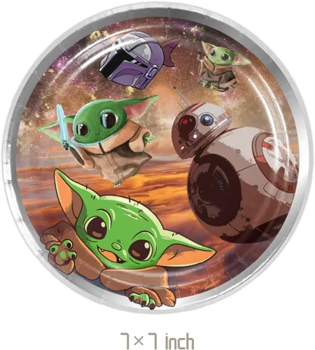 Vista 3 de El paquete de 40 suministros para fiestas de Baby Yoda incluye 20 platos, 20 servilletas para decoración de fiesta de Baby Yoda