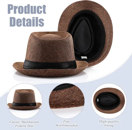 Vista 6 de Coume 16 sombreros Fedora de paja de los años 20, sombreros clásicos Fedora, sombreros de ala corta, sombreros de verano para hombres y mujeres