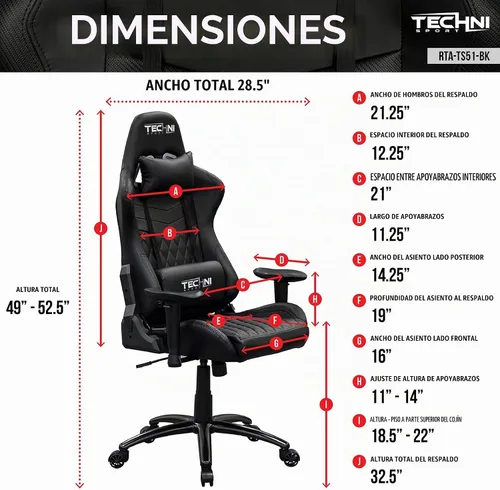 Vista 3 de Techni Sport RTA-TS51-BK - Silla para juegos, color negro Adjustable lumbar support, adjustable armrests, carbon fiber look, 300 lb capacity