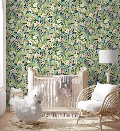 Vista 5 de NextWall Papel tapiz para despegar y pegar de pájaros florecientes (helecho y azul mezclilla)