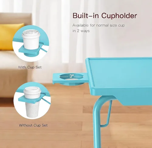 Vista 6 de HUANUO Mesa ajustable para TV – Bandeja de cena de TV con portavasos en la cama y el sofá, cómoda mesa plegable con 6 ajustes de altura y 3 ángulos