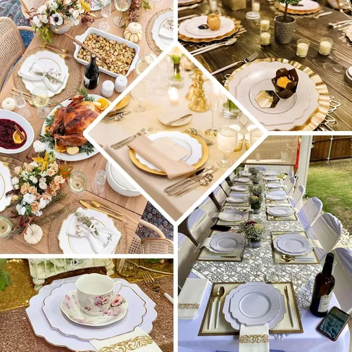 Vista 5 de Efavormart - Paquete de 10 platos de postre de plástico color rosa canela de 8 pulgadas, con borde dorado barroco, platos de ensalada desechables