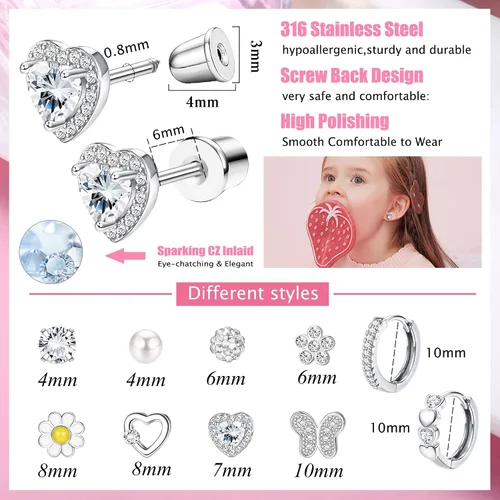 Vista 2 de YADOCA Juego de 10 pares de aretes hipoalergénicos para mujeres y niñas, de acero inoxidable con circonita cúbica, diseño de mariposa, con diseño