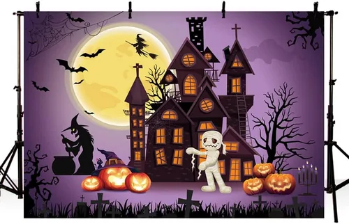 Vista 2 de MEHOFOND Telón de fondo de Halloween de 8 x 6 pies para niños, fiesta de disfraces, terror, momia aterradora, castillo, murciélagos de bruja