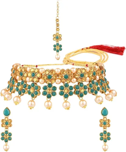 Vista 8 de Efulgenz Faux Kundan Pearl Choker Sets for Women Indian Jewelry Crystal Kundan Necklace Crystal Floral Necklace Earrings Maang Tikka Head Chain