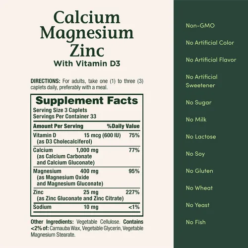 Vista 5 de Nature's Bounty Comprimidos de calcio, magnesio y zinc, salud inmunológica y ósea, suplemento diario, 1000 mg de calcio, 400 mg de magnesio, 600 UI