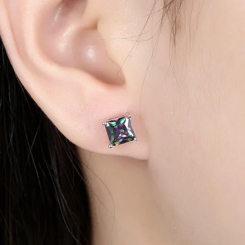 Vista 4 de Aretes chapados en oro blanco 18K multicolor, negro, Cubic, Zirconia, Stud, joyas para niñas, adolescentes, mujeres