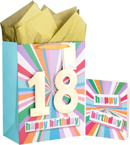 Vista 10 de WRAPAHOLIC Bolsa de regalo de cumpleaños grande de 13 pulgadas con tarjeta y papel de seda - 13 cumpleaños