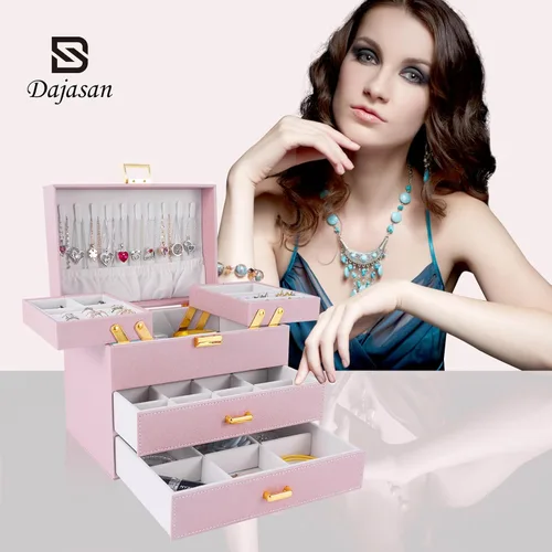 Vista 7 de Dajasan Cajas de joyería para mujeres y niñas, organizador de almacenamiento de joyas, 4 capas, caja organizadora de joyas grande con 2 cajones