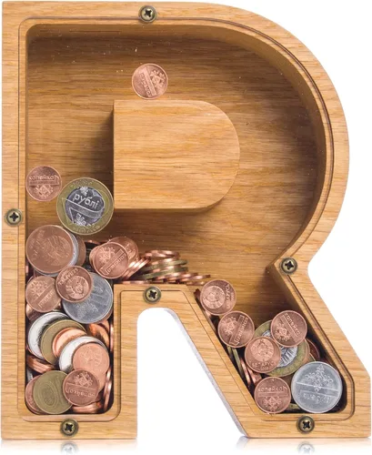 Vista 14 de Alcancía de madera personalizada con letra para niños, niñas y adultos, bancos de monedas de madera de roble duradero, 3 tamaños para elegir