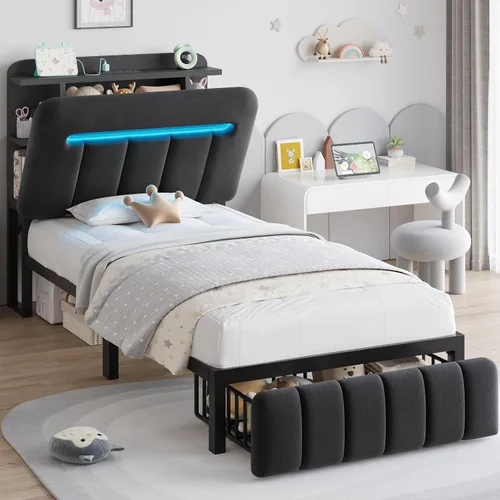 Vista 16 de Jocoevol Base de cama individual con cabecera de almacenamiento para niños, marco de cama tapizado blanco tamaño individual con cajones de Beige