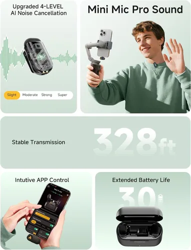 Vista 2 de MAONO Wave T1 Mini micrófono inalámbrico Lavalier para iPhone/Android, cancelación de ruido, filtro de voz AI, 30 horas utilizado con estuche