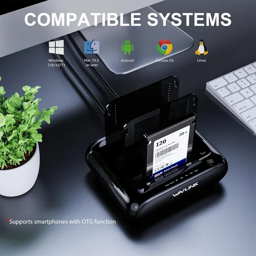 Vista 5 de WAVLINK Estación de acoplamiento para disco duro de doble bahía, USB 3.0 a SATA I/II/III para HDD/SSD de 2.5" y 3.5" con bisel fijo, compatible