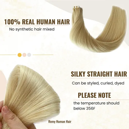 Vista 5 de Extensiones adhesivas rubias de cabello humano brasileño grado 9A, #60 rubio platino, cinta en 12 pulgadas, 20 unidades por juego, extensiones