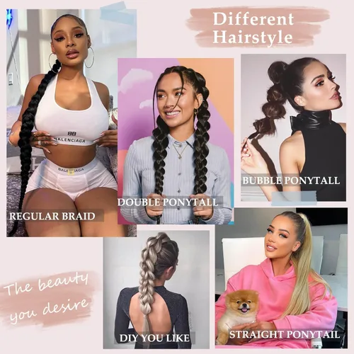 Vista 4 de Extensiones de cola de caballo trenzada de 20 pulgadas de largo para mujer, extensiones de cabello lacio envolvente con banda para el cabello, cola