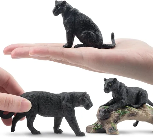 Vista 3 de Toymany 7 Piezas Figuras de Panteras Negras con Cachorro de Pantera y Tronco de Árbol, Figuras Realistas de Animales de la Selva Juego Familiar