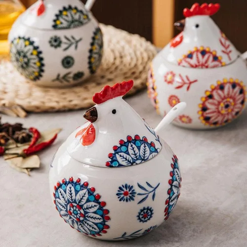 Vista 3 de Olla de condimentos de porcelana con tapa y cuchara, tazón de sal de 11 oz para cocina, forma de pollo
