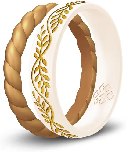 Vista 11 de Knot Theory Anillo de silicona de filigrana y hoja de laurel con incrustaciones de oro, anillo de boda de silicona grabado, para actividades