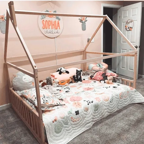 Vista 5 de Cama de casa Montessori para niños, Cama de piso para niños pequeños con rieles, Cama baja para niños pequeños, Cama de cabaña para niños, Cama