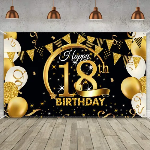 Vista 16 de Decoración de fiesta de cumpleaños número 15, cartel póster de tela extra grande negro y dorado para telón de fondo de cabina de fotos