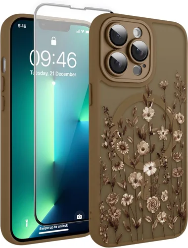 Vista 167 de Magnético para iPhone 13 con protector de pantalla [Compatible con MagSafe] Diseño de patrón floral de flores bonitas, funda delgada a prueba
