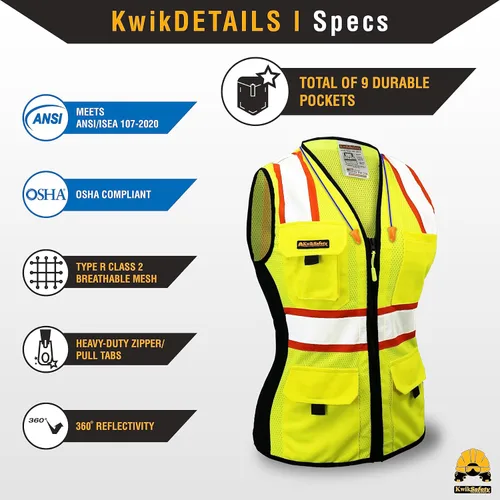Vista 5 de KwikSafety FIRST LADY - Chaleco de seguridad para mujer [amarillo, L] + paquete de casco blanco con carcasa de tortuga