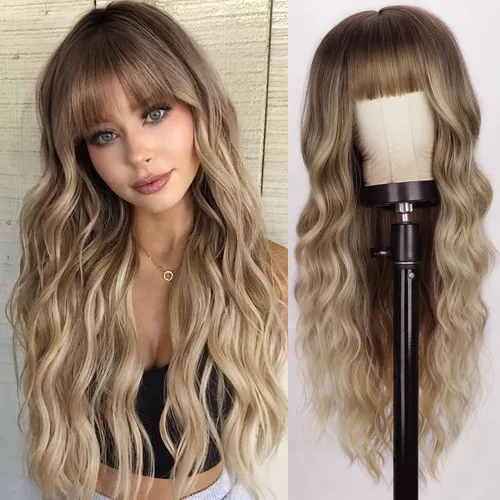 Vista 13 de Lativ Peluca castaña con flequillo para mujer, larga, ondulada, sintética Beginner Friendly,Natural Looking,Silky Smooth Texture,Heat Resistant