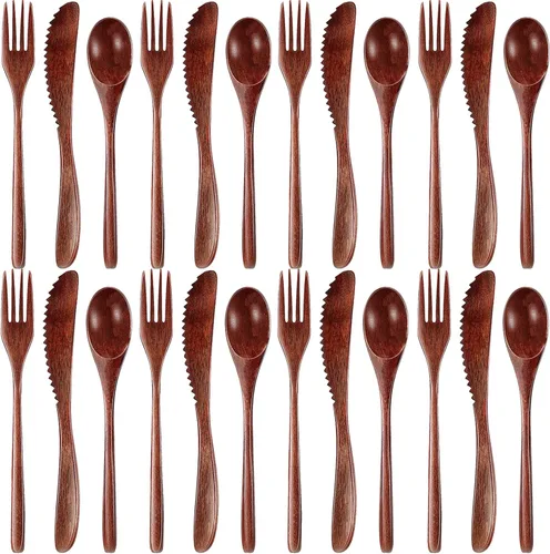 Vista 6 de Utensilios de madera reutilizables para comer, 8 piezas de cucharas de madera de viaje, tenedores, palillos, juego de cubiertos con estuche