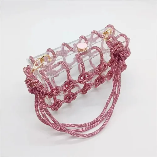 Vista 3 de Bolso de acrílico transparente con diamantes de imitación, bolso de mano de noche brillante, bolso anudado adornado con cristal para cóctel, fiesta