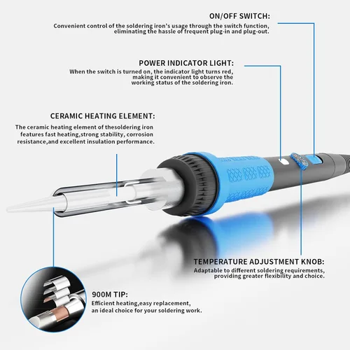 Vista 2 de 908B - Kit de soldador azul de 60 W, herramienta de soldadura de temperatura ajustable con 5 puntas intercambiables y soldadura, calentamiento