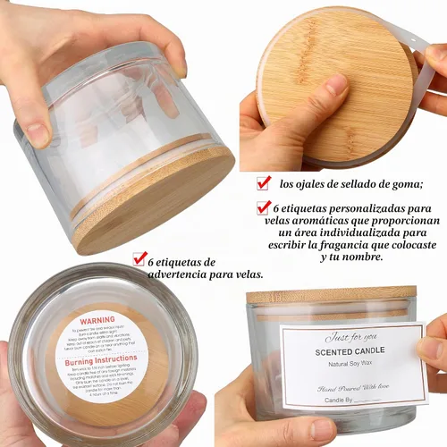 Vista 4 de MILIVIXAY Paquete de 6 tarros de vela de 16 onzas con tapas de bambú y kits de fabricación de velas, tarros de vela de 3 mechas, tarros de vidrio