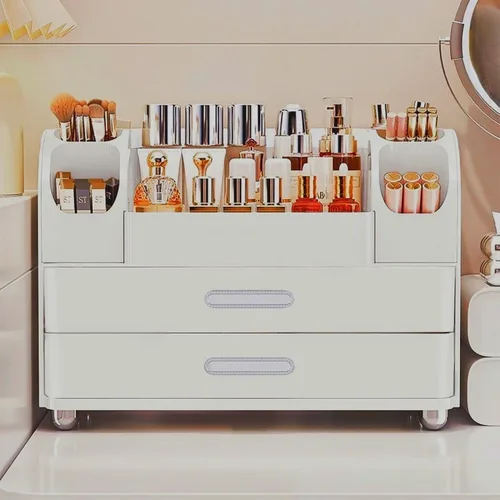 Vista 7 de Organizador de maquillaje con cajones para tocador, organizador de encimera de baño con soporte para brochas, organizador de almacenamiento
